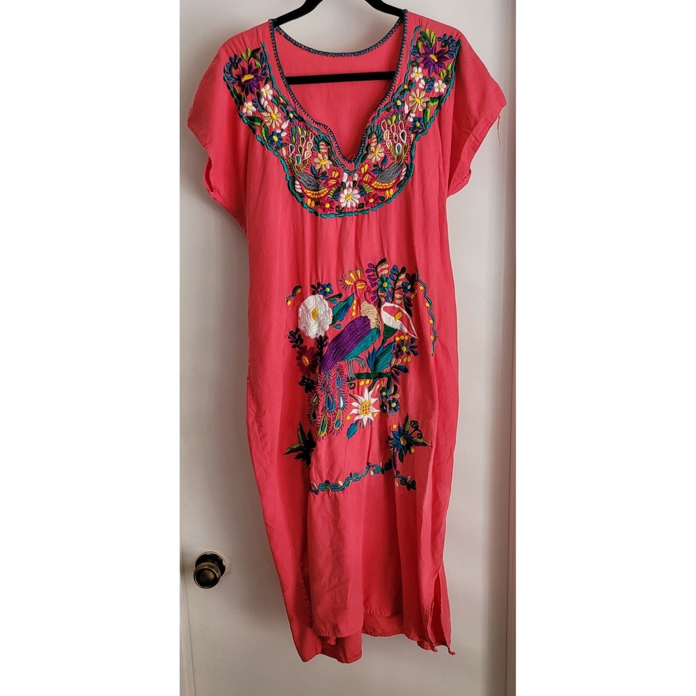 Women Pink Floral Embroidered Dress Scoop Neck Boho Casual Sundress Resort